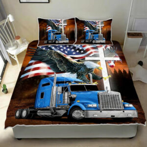 Truck Driver Bedding Set Jesus American Flag Eagle Blue Truck